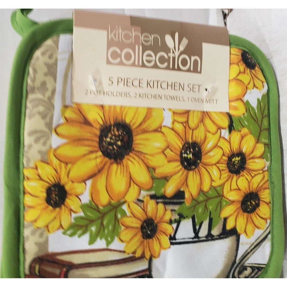 5pc Set: 2 Pot Holders, 1 Oven Mitt & 2 Same Towels, SUNFLOWERS & BOOKS,green,KC